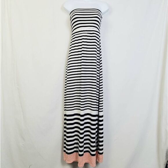 Old Navy Women’s Strapless Maxi Dress Size Small Navy White Stripe with Coral He - Picture 1 of 6